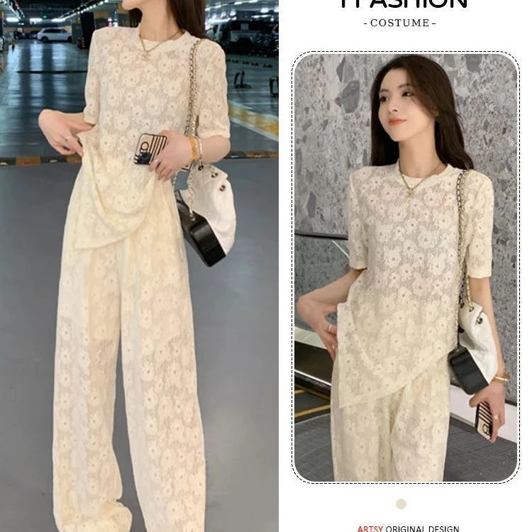 韩系高级感减龄套 蕾丝镂空运动两件套女夏阔腿裤休闲穿搭