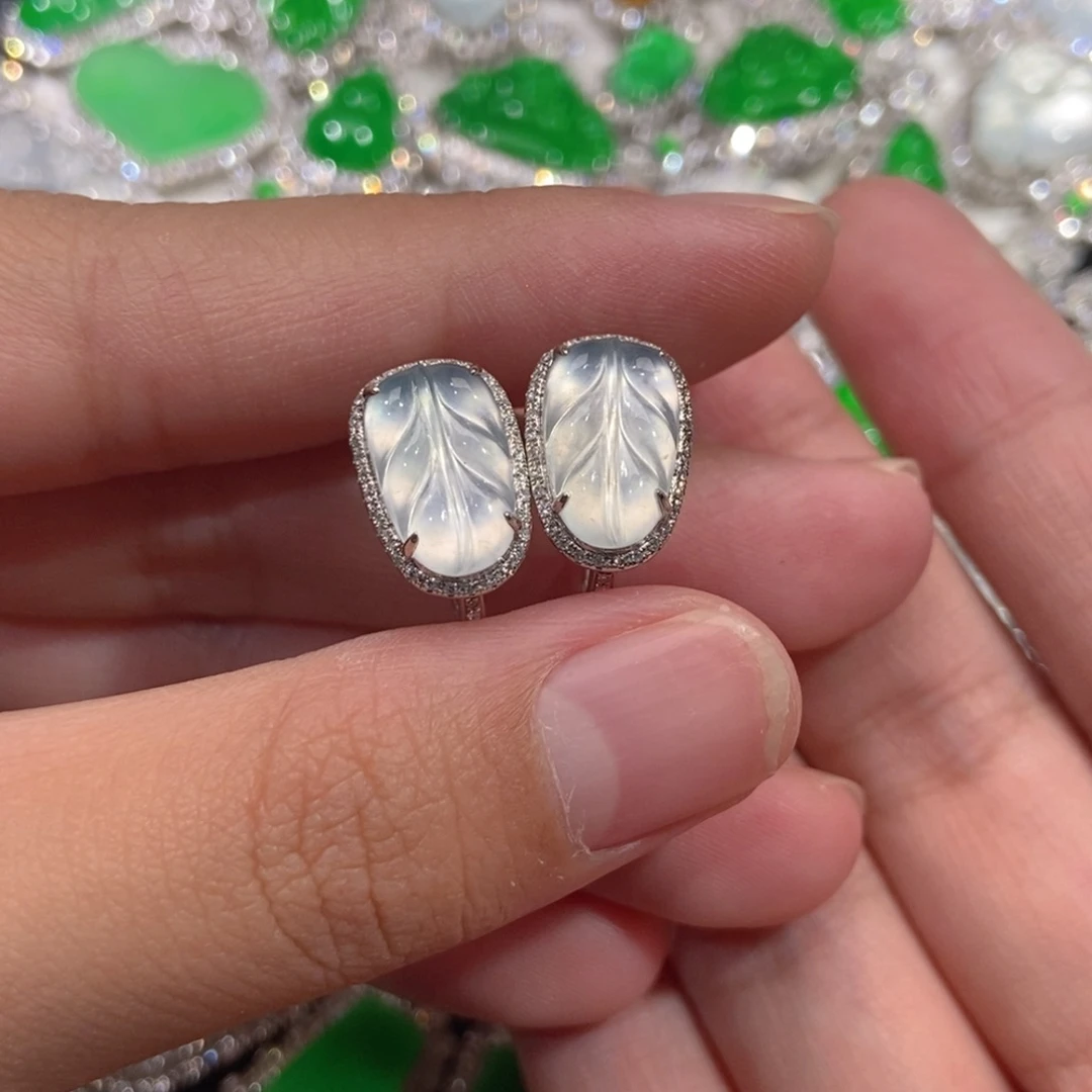 翡翠18K金镶嵌耳饰天然缅甸A货翡翠