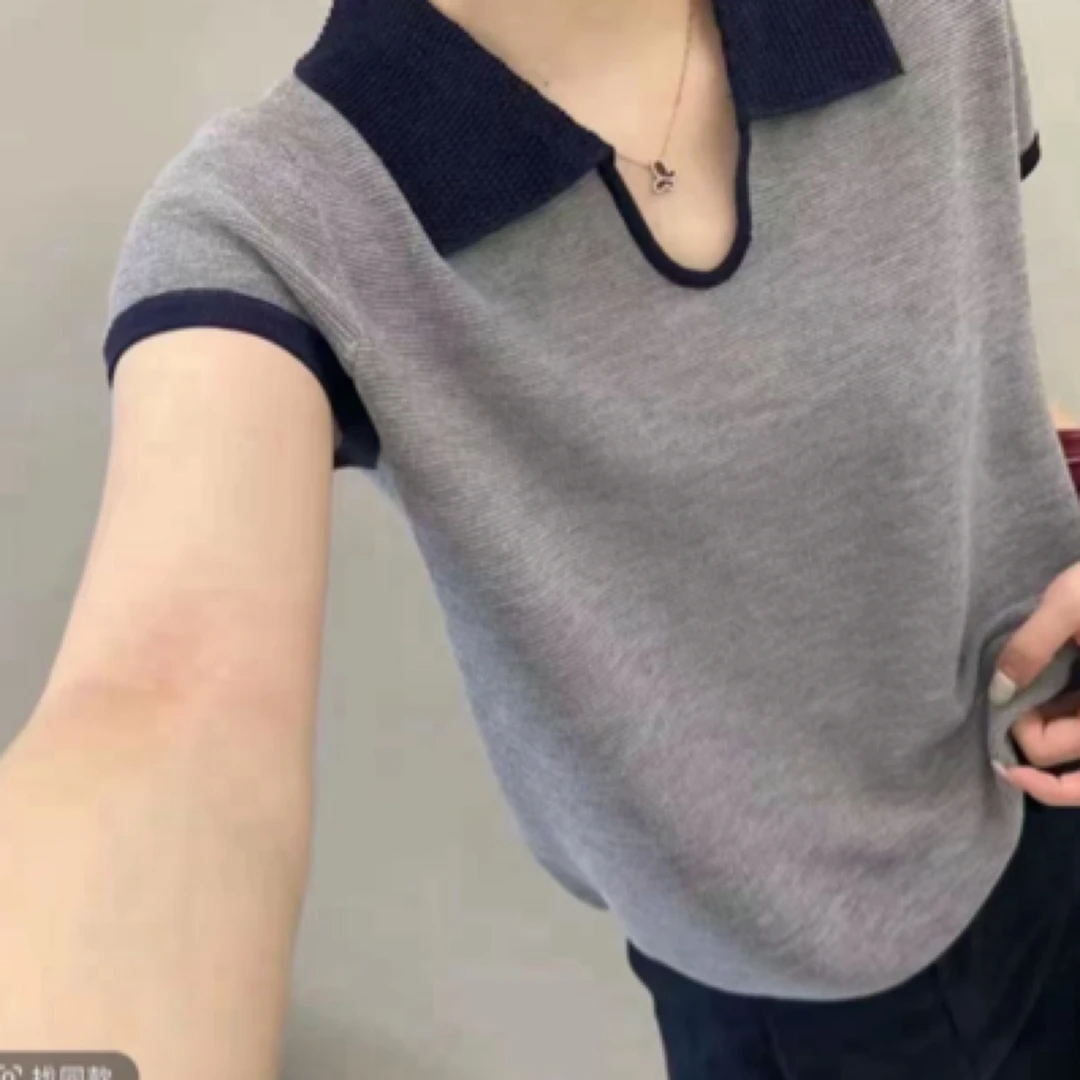 常规拼色飞飞袖透气针织短袖T恤轻奢ol极简风