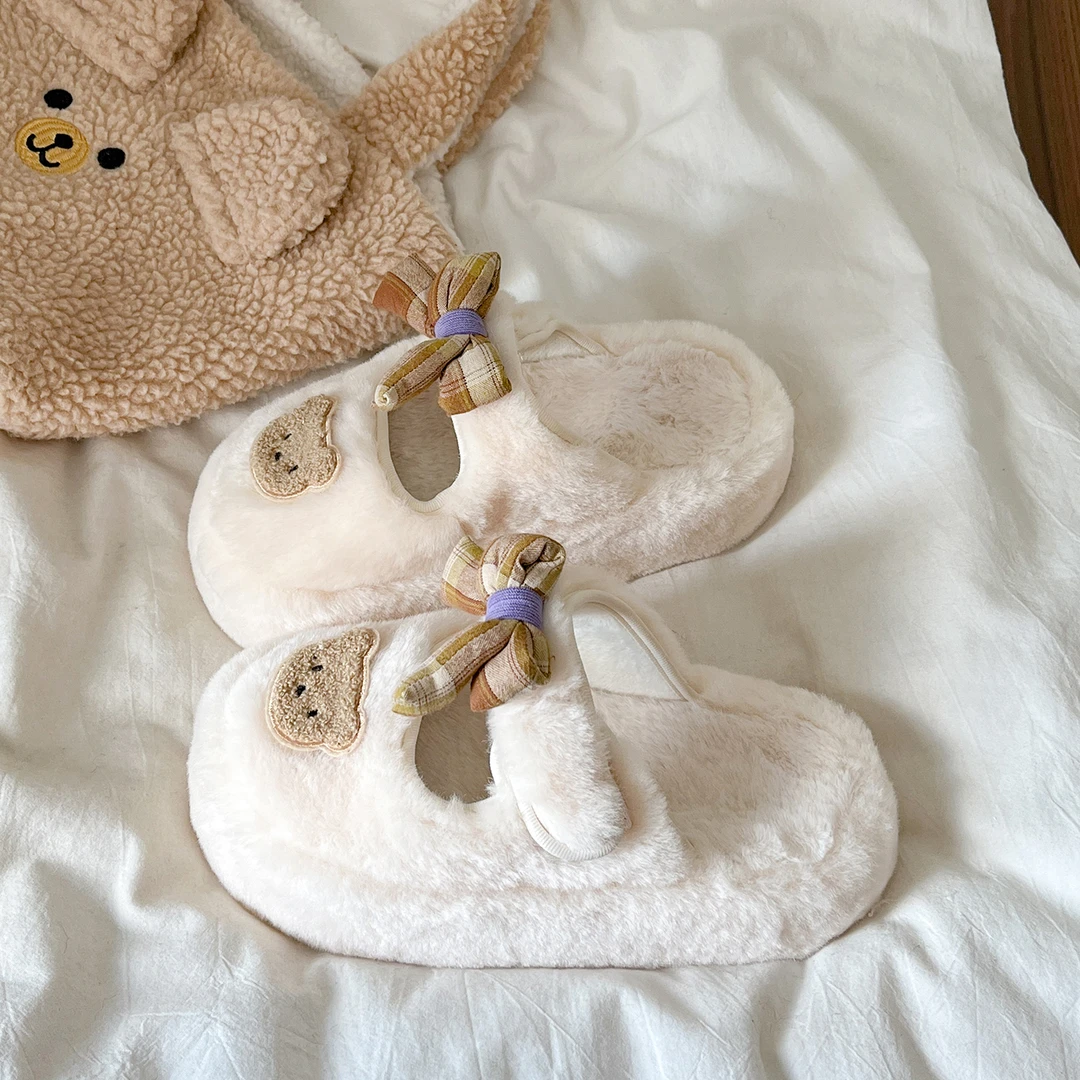 卡通可爱小熊蝴蝶结毛毛拖鞋女外穿2025新款秋冬居家厚底保暖棉拖
