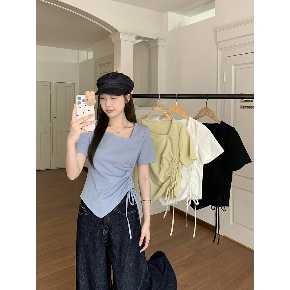 【佳佳】秋装新款胖mm大码设计感不规则抽绳小众短袖T恤上衣
