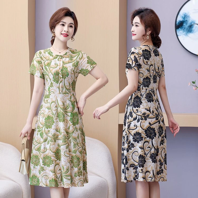 中老年连衣裙2025印花夏季新款时尚收腰显瘦碎花气质冰丝速干裙子