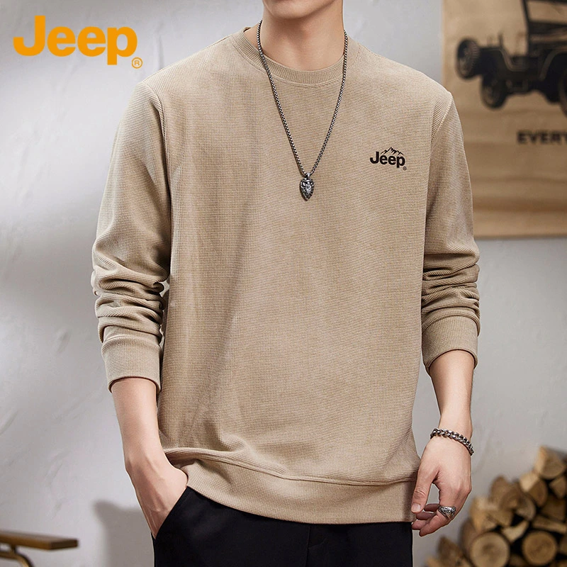 Jeep吉普春秋季男士纯色圆领卫衣宽松休闲百搭长袖T恤打底衫上衣