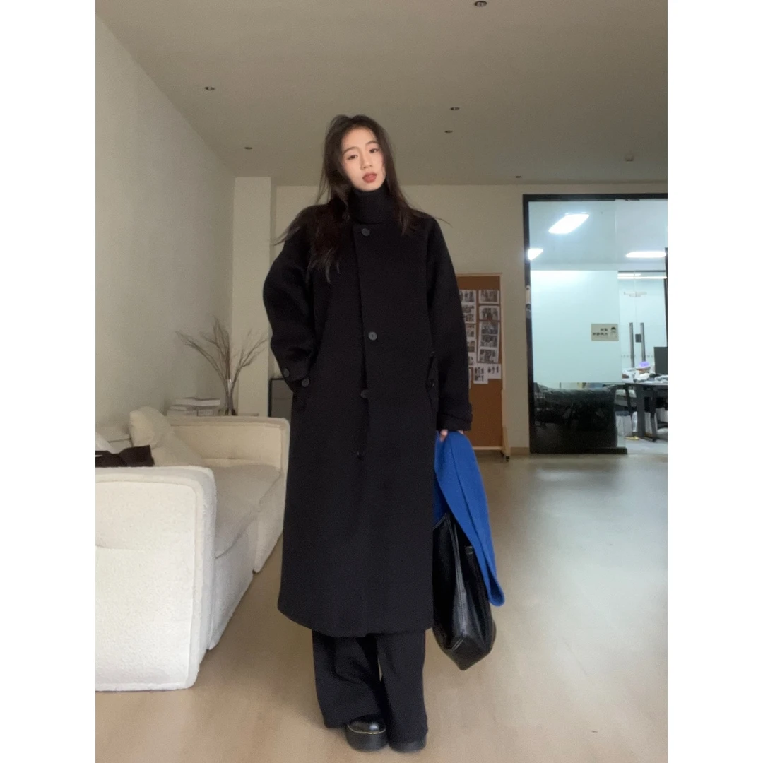 韩系氛围感复古立领毛呢外套女秋冬过膝慵懒感基础经典大衣女款