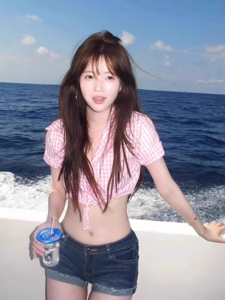 粉色格子polo领短袖衬衫女夏季独特别致性感辣妹绑带露脐短款上衣