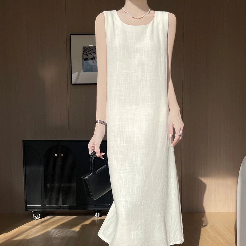 极简风圆领吊带连衣裙无袖背心裙休闲显瘦打底长裙