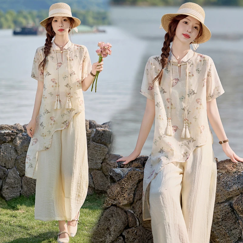 新中式国风套装女2025夏季新款高级感巨好看时尚洋气阔腿裤两件套