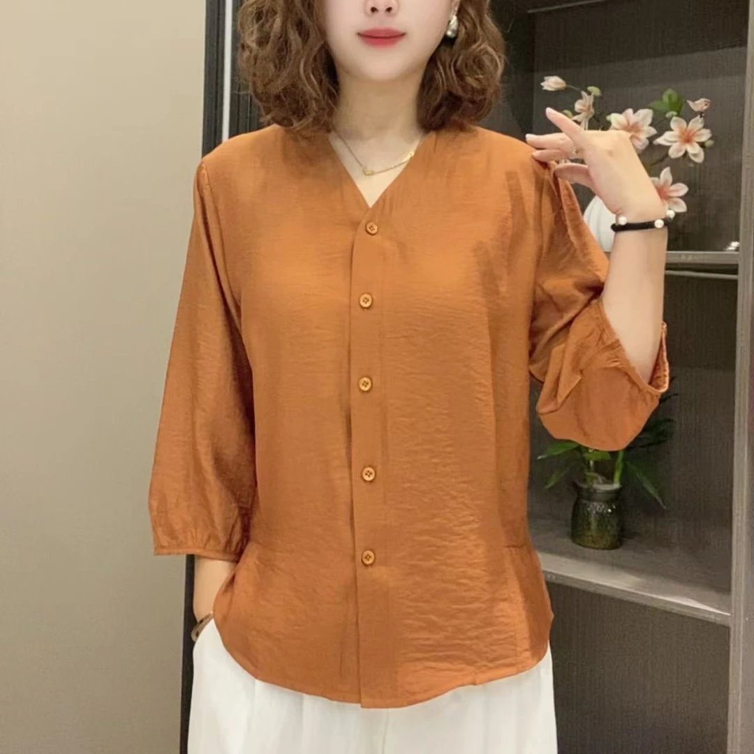 2025秋季气质时尚显瘦遮肉减龄亲肤透气百搭V领7分袖上衣8088洋气