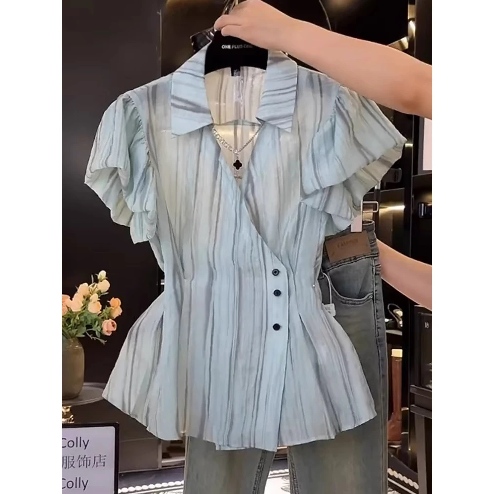 大码渐变束纹法式V领收腰衬衫女春夏季新款气质减龄显瘦短袖上衣
