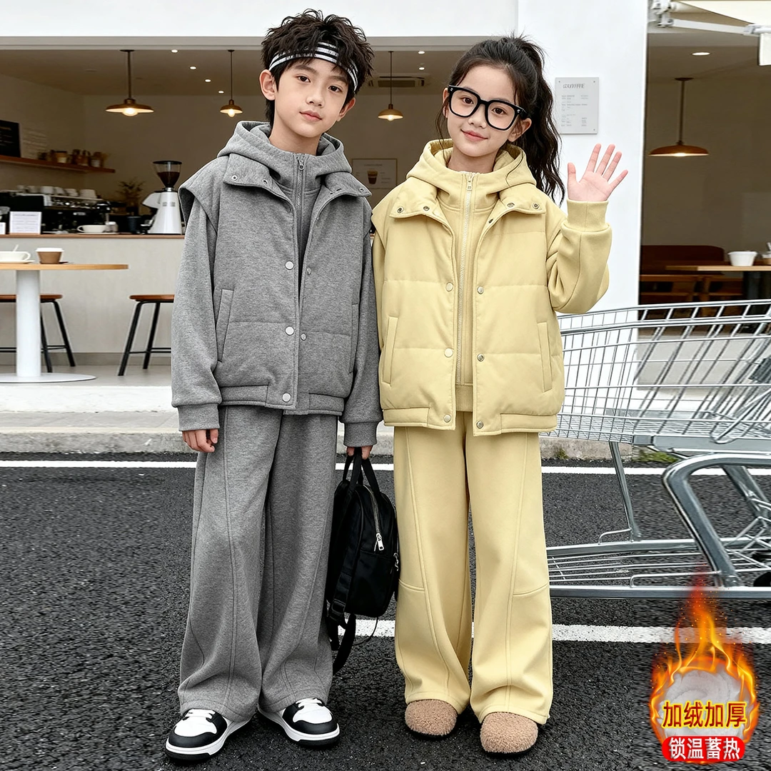 男女童加绒连帽卫衣套装秋冬新款洋气中大童加厚棉马甲保暖三件套
