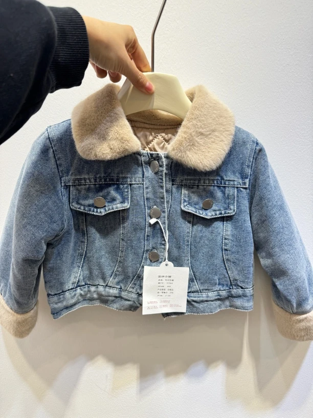 厚款牛仔外套女童翻领夹棉韩版加厚牛仔洋气男童冬季洋气外套