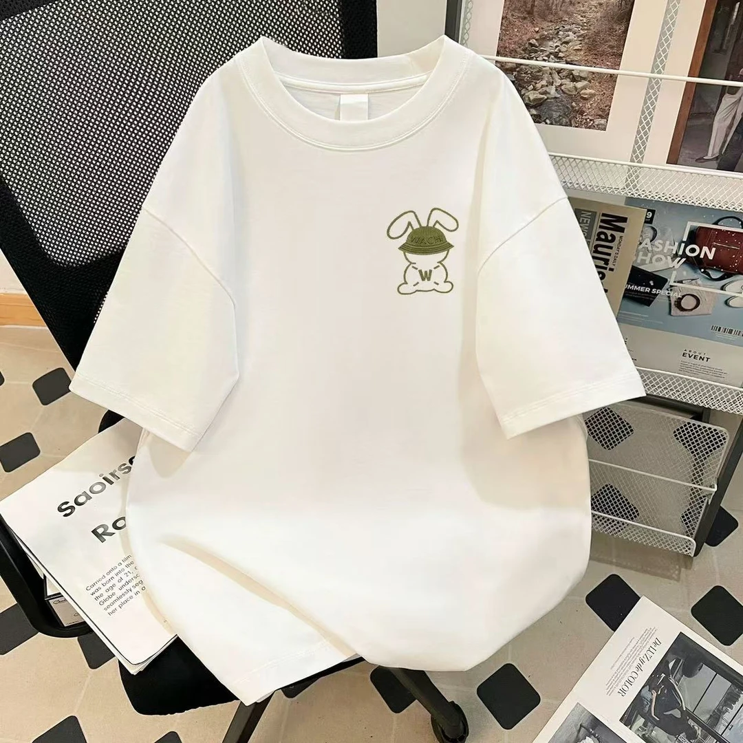 125 卡通兔子趣味印花圆领重磅纯棉短袖t恤女宽松显瘦百搭上衣