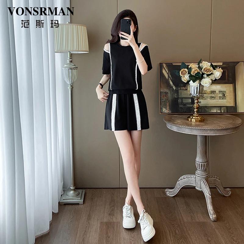 夏季薄款时尚休闲运动套装女设计感漏肩短袖撞色短裤小个子两件套