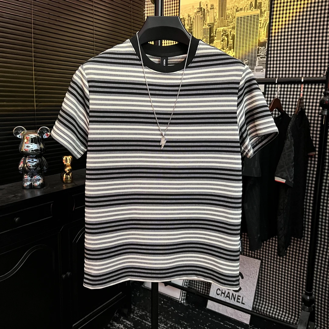 夏季水洗宽松短袖圆领条纹T恤时尚打底衫黑白男士针织秋季