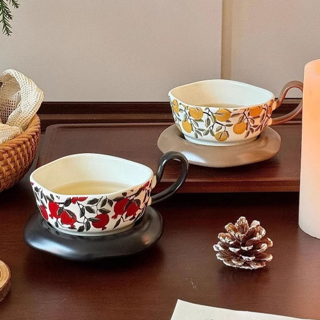 中古风陶瓷咖啡杯碟套装法式复古家用早餐杯大容量牛奶杯情侣水杯