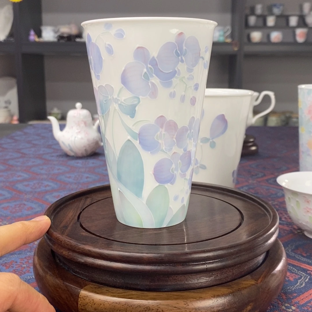 蝴蝶兰品茗杯手绘釉下高温