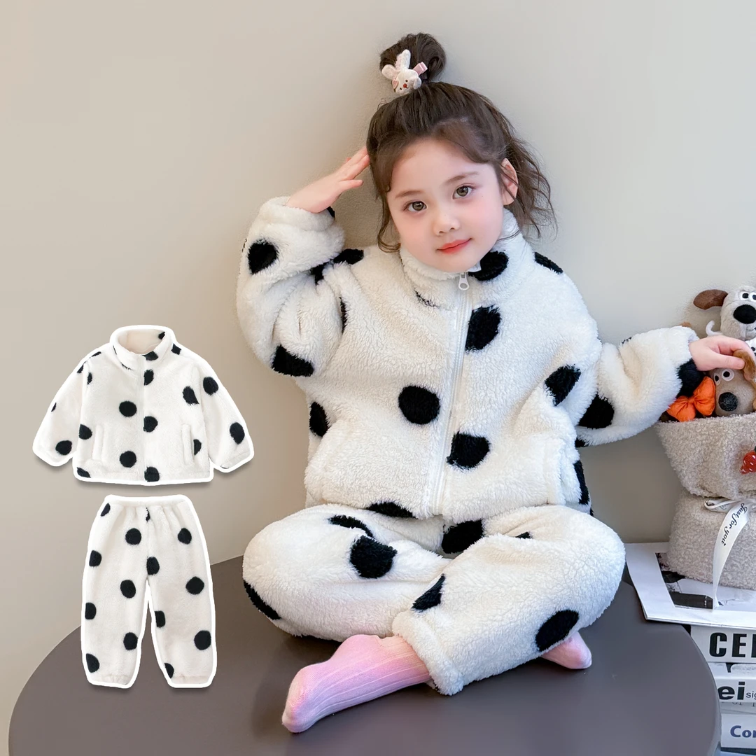 女童加绒圆点家居服套装儿童洋气加厚居家两件套小女孩宝宝冬装潮