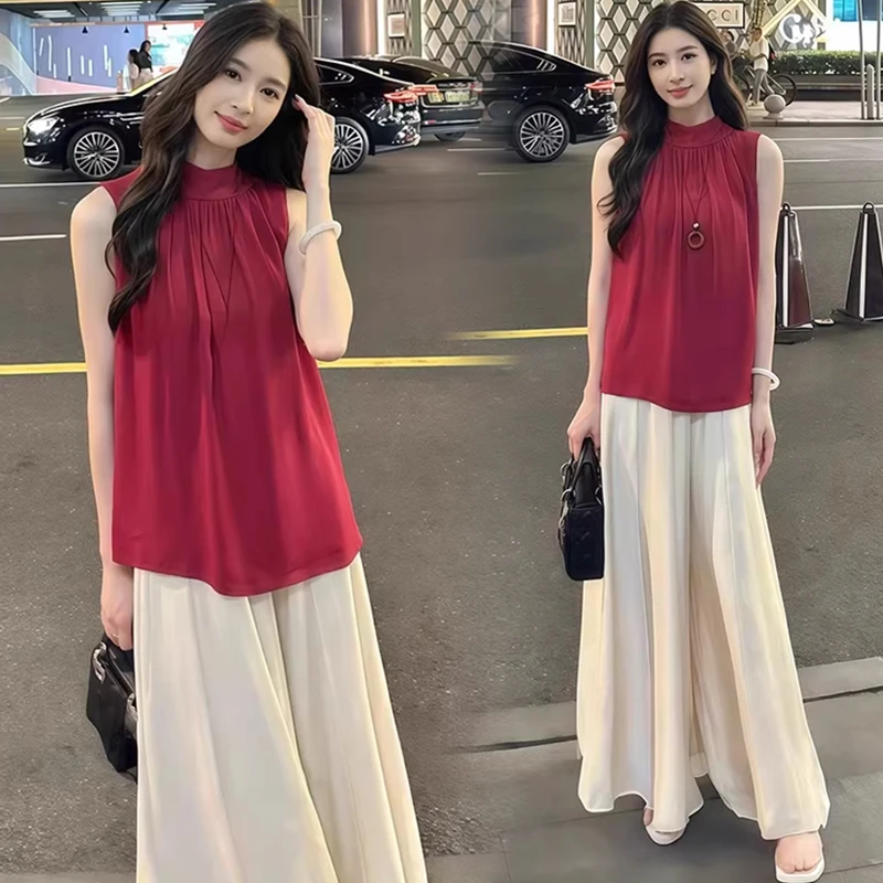 时尚套装女2025夏季新款洋气显瘦无袖衬衫上衣阔腿裤裙减龄两件套