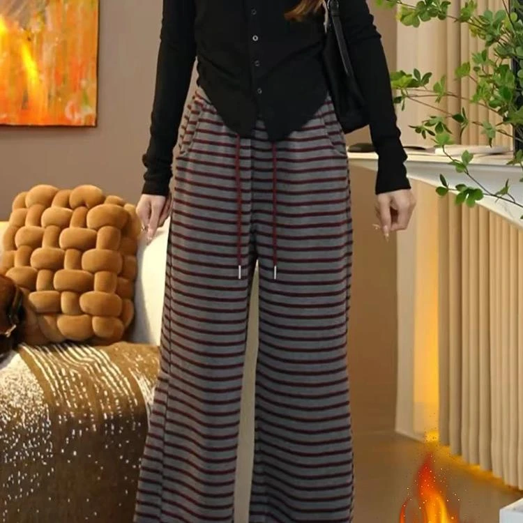 2025新款丝绒暖条纹裤系带休闲直筒裤宽松裤秋冬春季阔腿裤