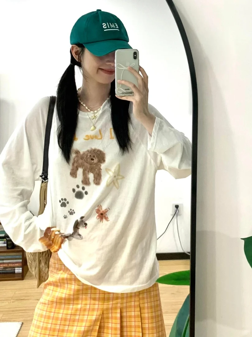 美式复古白色卡通小熊星星印花长袖T恤女夏韩系宽松显瘦防晒罩衫