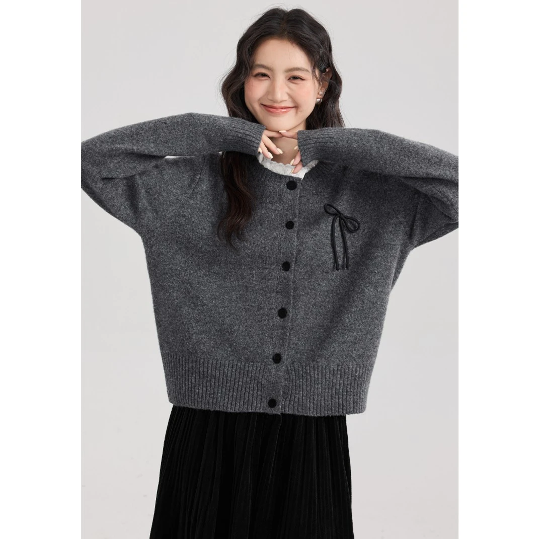 267【星星】毛衣开衫女秋冬灰色针织衫上衣高级感花边领打底衫