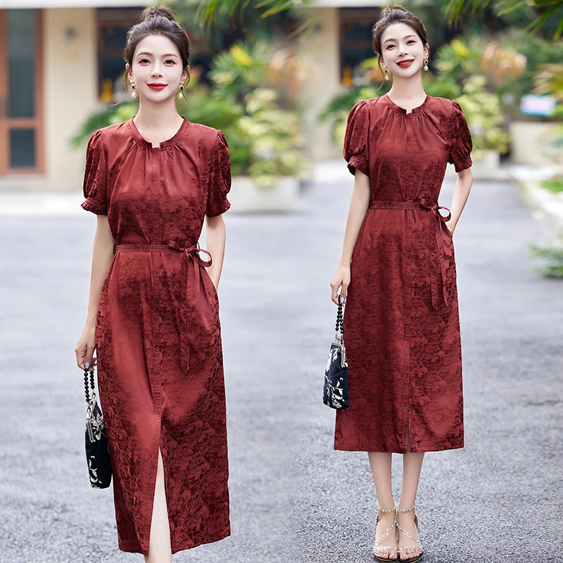 新中式精致提花连衣裙女2025夏新款系带收腰显瘦垂感复古气质长裙
