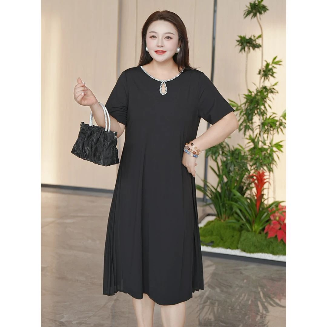 MsShe大码女装夏装气质钉珠镂空拼接压褶雪纺连衣裙TJ~B2507050