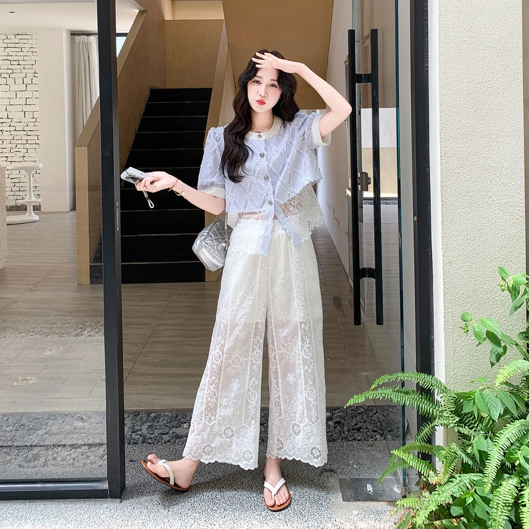 法式小资气质一整套ootd穿搭女夏2025新款蕾丝拼接上衣阔腿裤套装