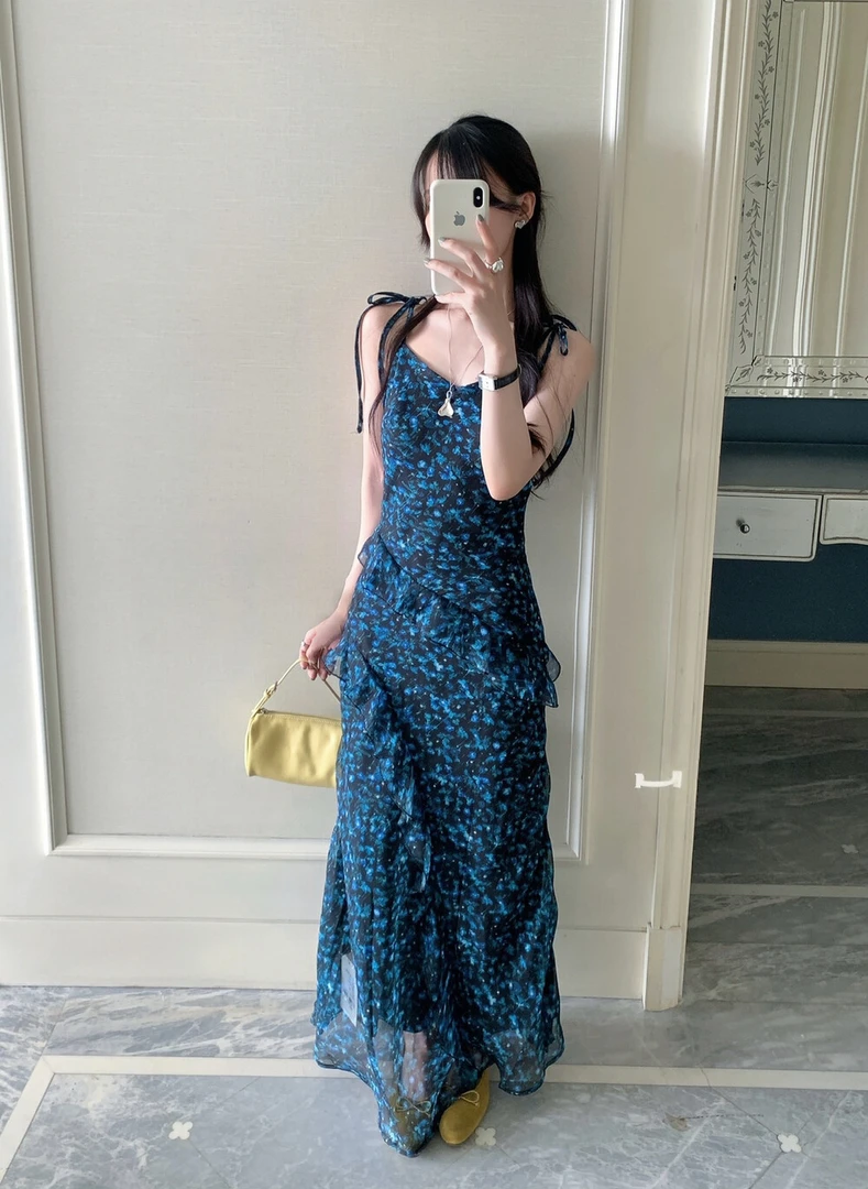 雪纺碎花性感露背包臀鱼尾吊带连衣裙