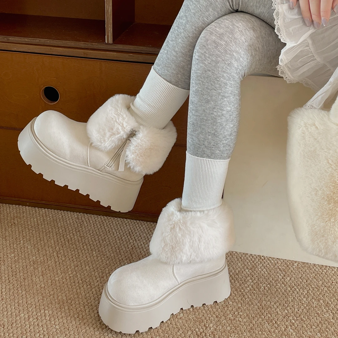 白色复古加绒防滑厚底雪地靴女2025新款秋冬小个子增高软底棉鞋子