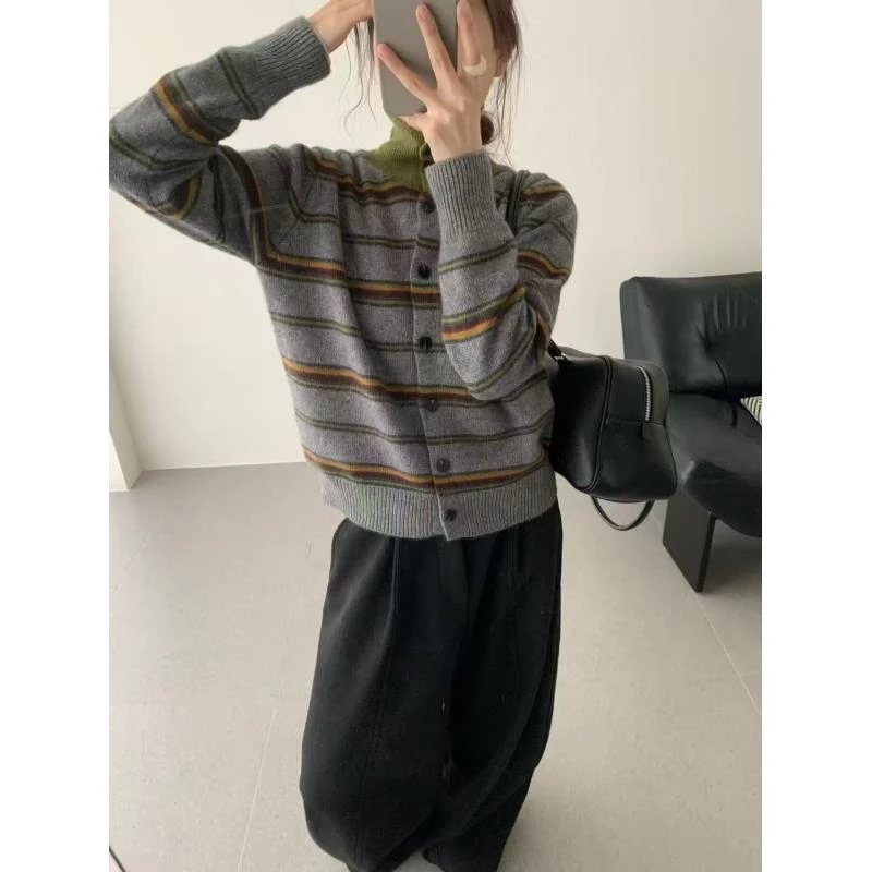 条纹高领单排扣复古撞色针织开衫女毛衣冬季宽松休闲显瘦条纹上衣