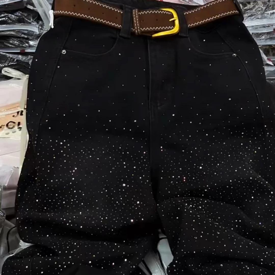 秋冬新款高腰重工烫钻满天星显瘦阔腿牛仔裤大码女