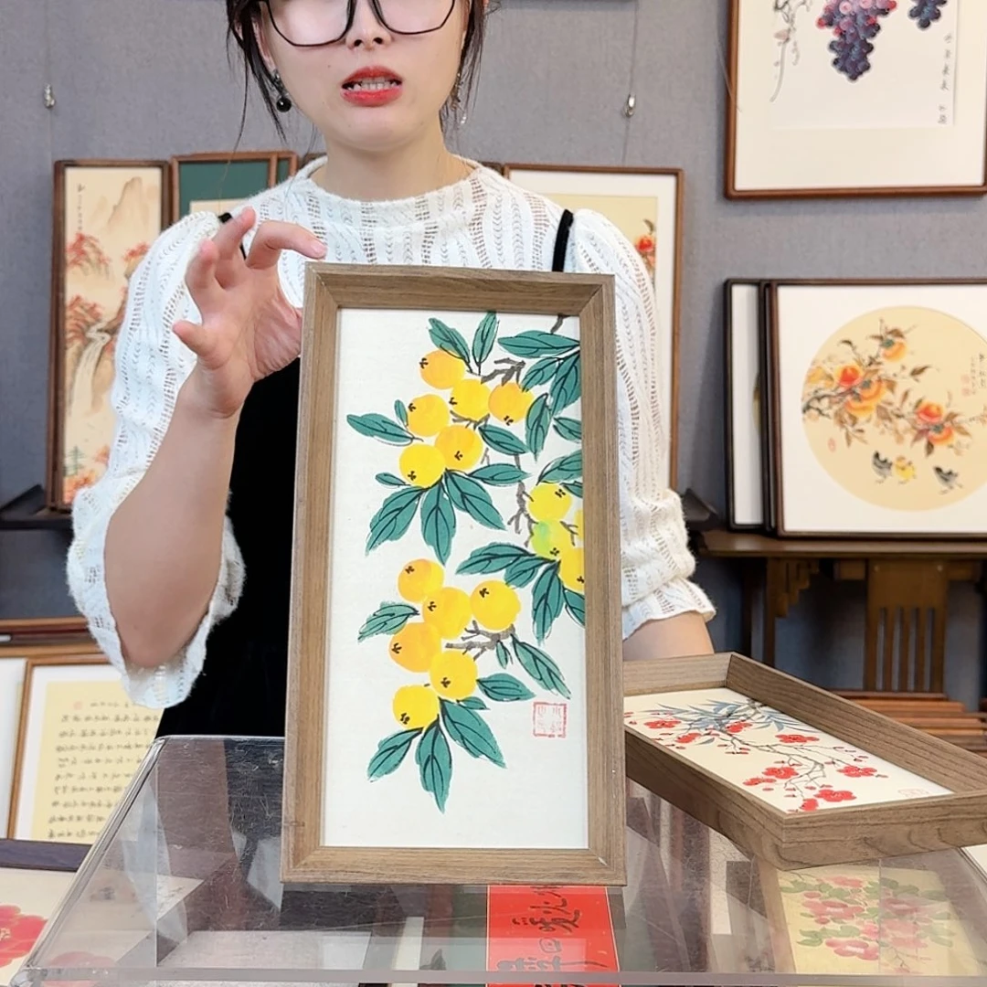 国画纯手绘，纯手写带框尺寸：16×29厘米