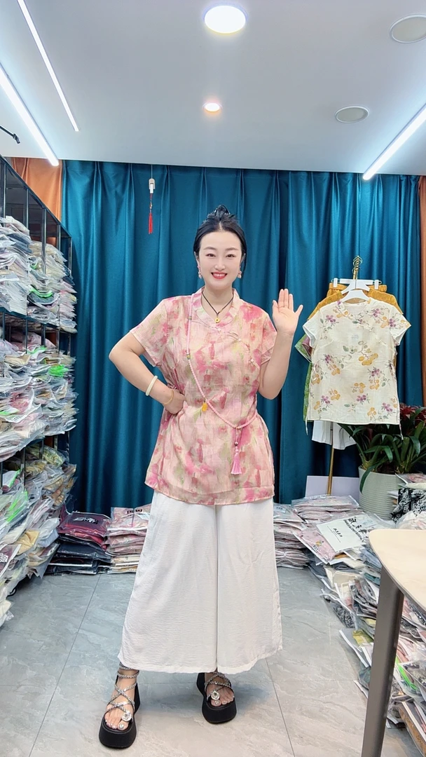 复古印花圆领提花新中式衬衫半袖