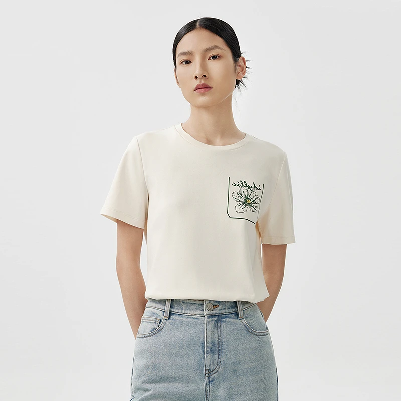 LANCY/朗姿2024春季新款圆领纯棉短袖修身白T恤女百搭款