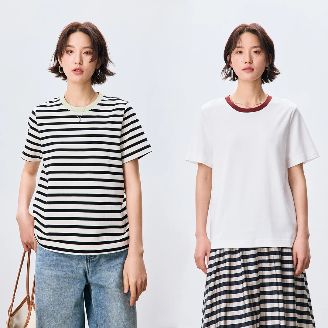 鲸乎清爽撞色条纹纯棉短袖T恤女25夏季新款通勤百搭圆领正肩上衣