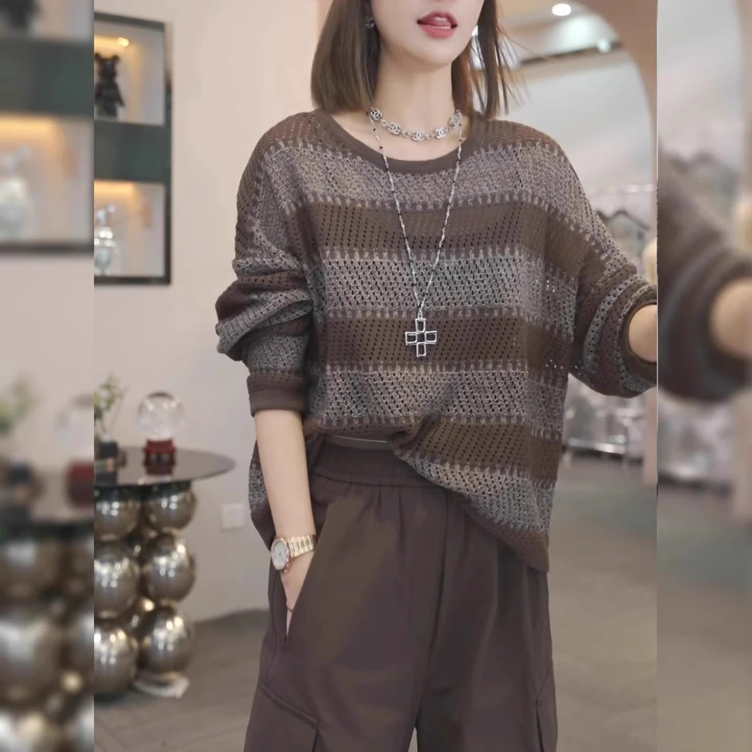 长袖条纹镂空针织衫女秋季咖色毛衣2025新款爆款慵懒宽松薄款上衣