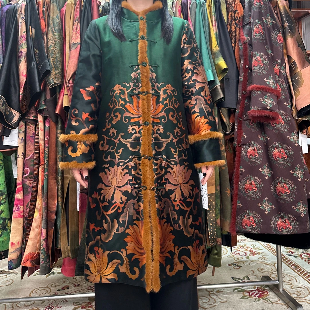 70姆米重缎水仙花开吉祥如意棉服100桑蚕丝香云纱填充羊驼绒