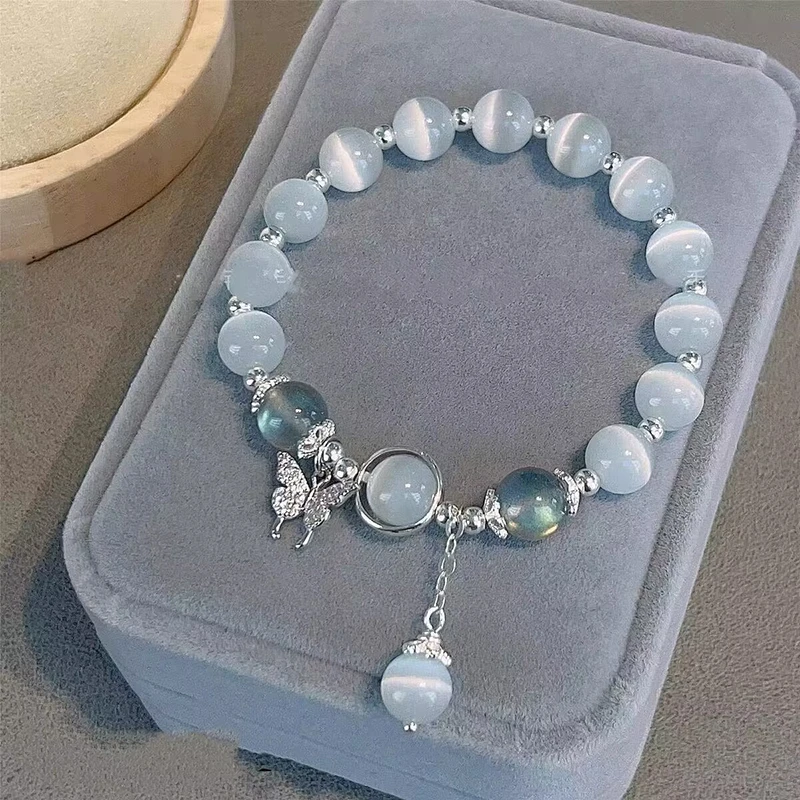 合金仿水晶手链 仿猫眼石蝴蝶手链女ins小众设计灰月光手串百搭