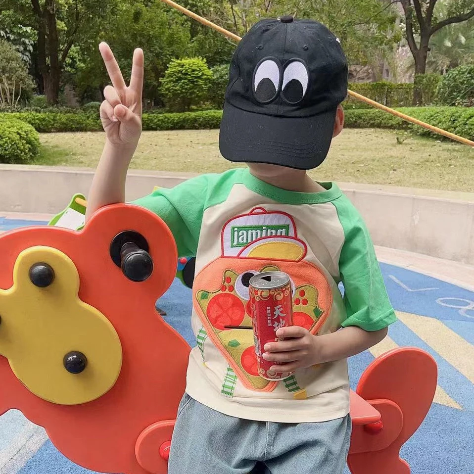 越越家 2025春夏新款 jam短袖T恤 男女童马戏小丑人象刺绣卡通T恤