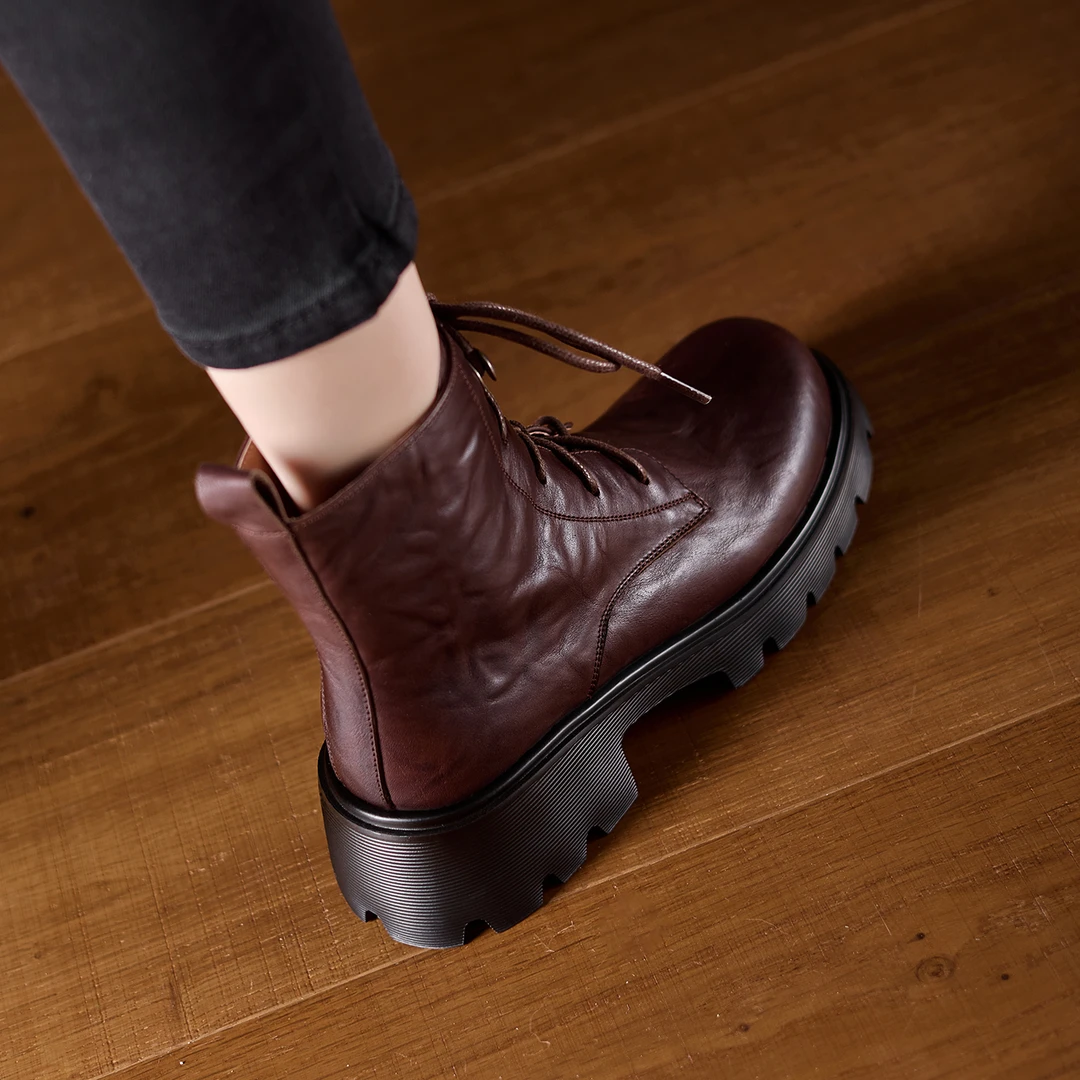 5.5cm~英伦风复古厚底马丁靴女中跟2025秋冬款真皮防水台圆头短靴