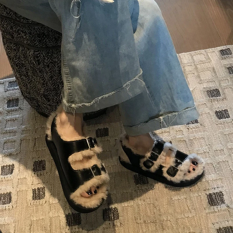 超火！！！凉鞋拖女秋冬精致网红爆款黑色皮带扣厚底毛毛鞋