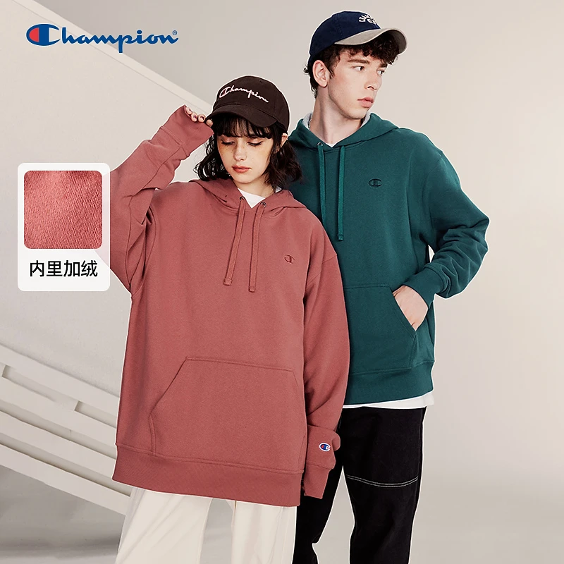 Champion冠军23新款刺绣小Clogo连帽加绒卫衣纯色红色宽松百搭
