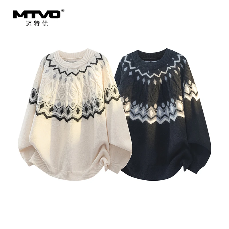 费尔岛圆领毛衣2025秋季男女同款美式复古慵懒风时尚潮牌提花毛衣