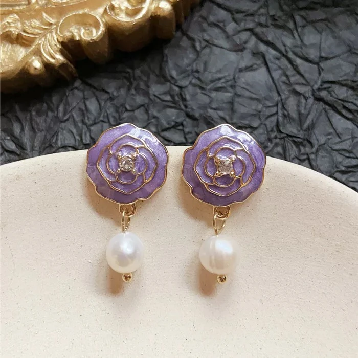 铜合金珐琅耳饰 复古轻奢紫色山茶花耳饰