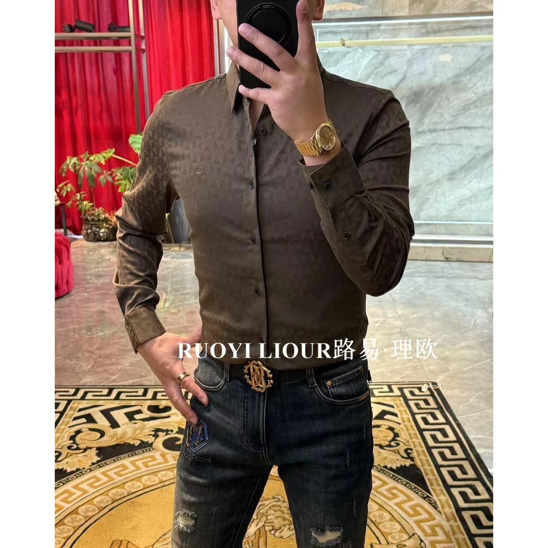 【路易理欧】欧货时尚轻奢潮流胸标亮钻百搭休闲衬衫87015