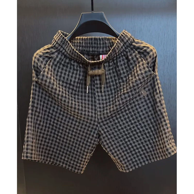 欧洲站轻奢高定大牌男装裤子2025夏季新款人马字母刺绣格子短裤潮