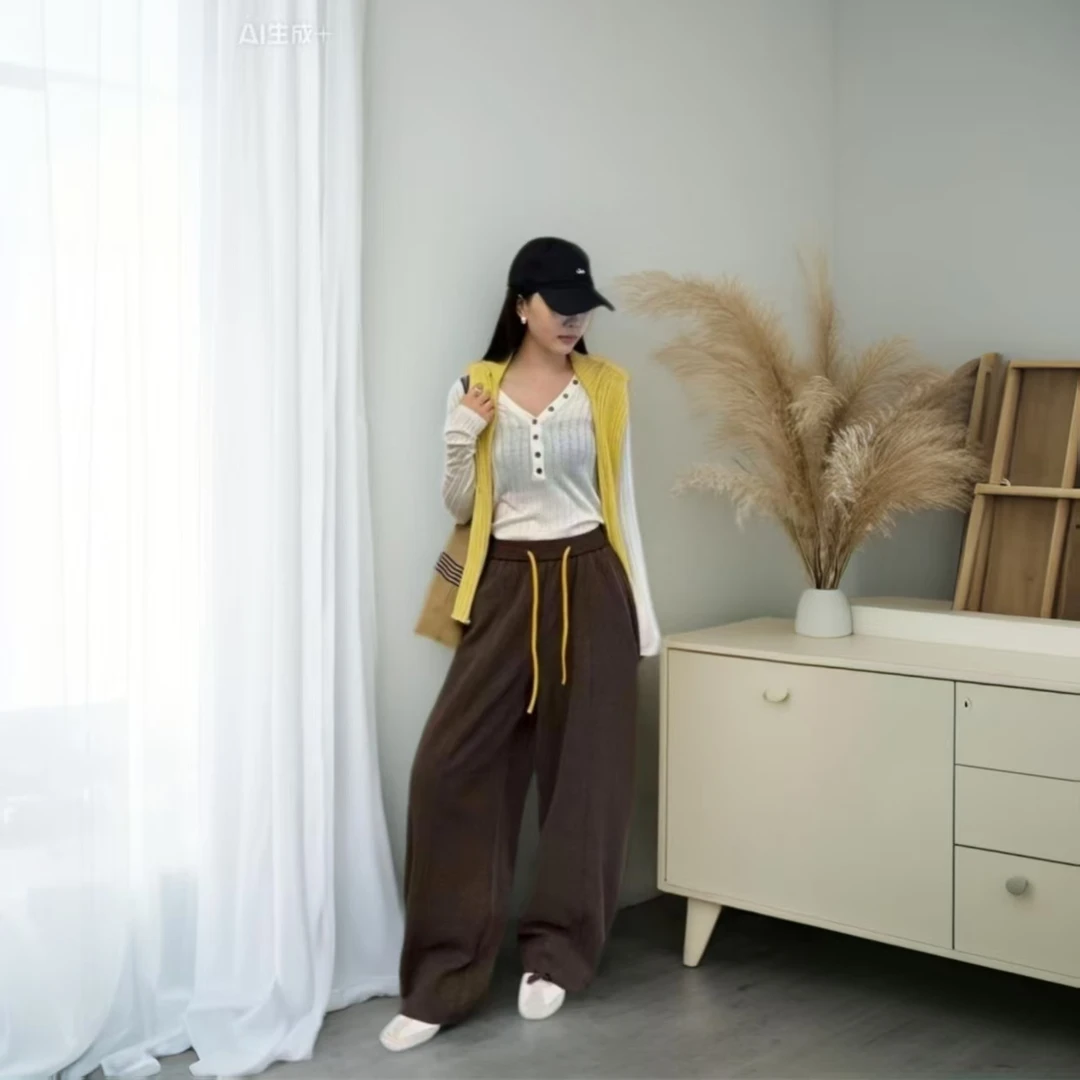 休闲风冬季加绒刺绣高腰休闲女卫裤垂感拖地运动时尚显瘦百搭