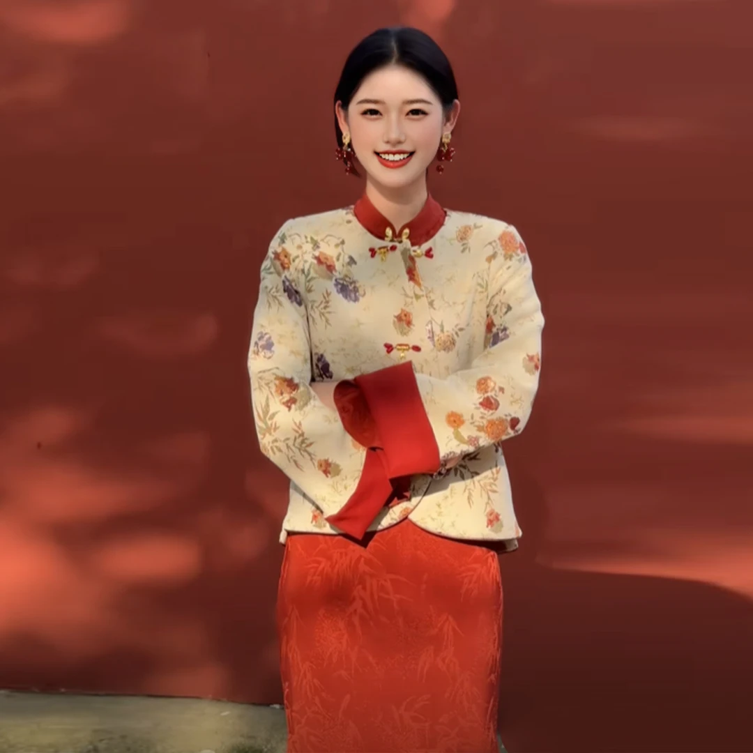 波司羽尚新中式套装国风提花织金盘扣外套红色连衣裙半身裙气质