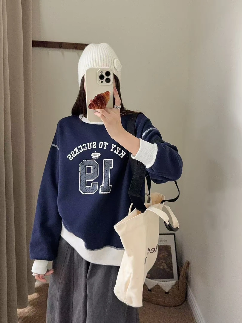 25年新款卫衣秋季宽松圆领慵懒风字母印花撞色